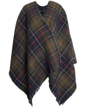 Barbour Montieth Check-Pattern Frayed Edge Poncho - Grey