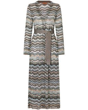 Missoni Striped Belted Crochet-Knit Cardigan - Gray