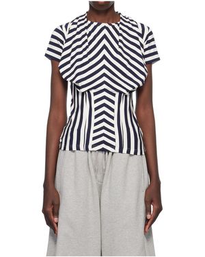 Pushbutton Striped Pleated T-Shirt - White