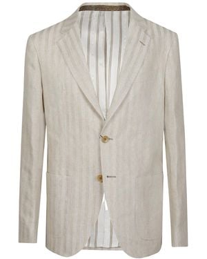 Etro Single-Breasted Hemp And Linen Jacket With Striped Motif - Grey