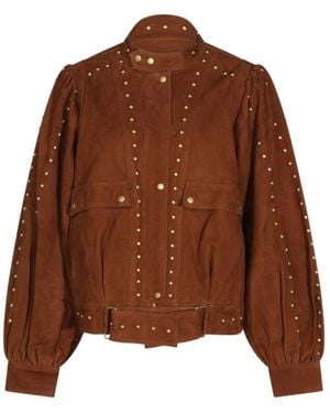 FARM Rio Studded Puff-Sleeve Jacket - Brown