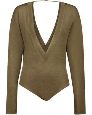 Saint Laurent Long-Sleeved V-Neck Jumpsuit - Green