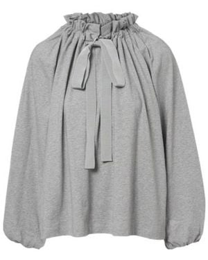 Patou Bow-Detail Gathered Cotton Jersey Top - Gray