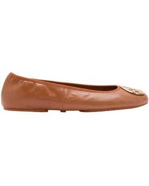 Tory Burch Reva Travel Logo Leather Ballet Flats - Brown