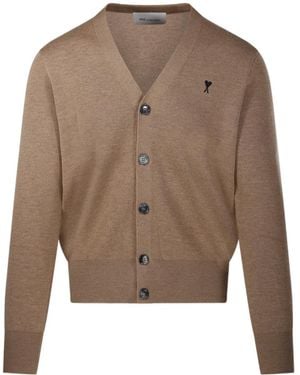 Ami Paris Logo Embroidered V-Neck Cardigan - Brown