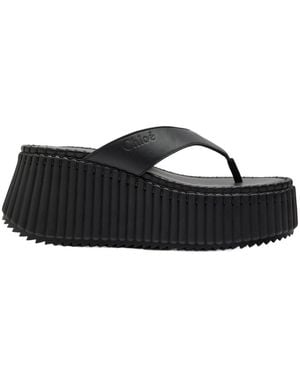 Chloé Nama 80 Thong Leather Wedge Sandals - Black