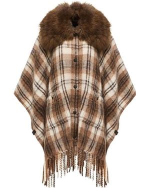 Moncler Fringed Checked Cape - Brown