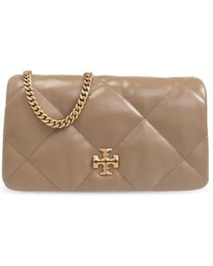 Tory Burch Kira Logo Plaque Diamond Quilt Chain Wallet - Natural