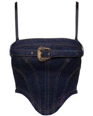 Versace Jeans Couture Couture Baroque Buckled Denim Cropped Top - Blue