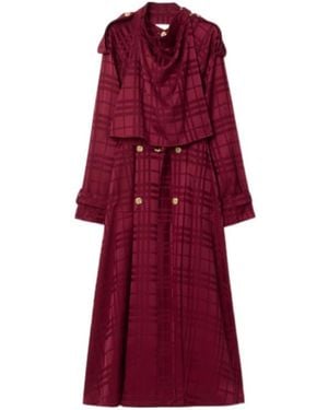 Burberry Check Double-Breasted Silk Trench Coat - Red