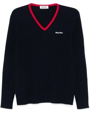Miu Miu Logo-Embroidered V-Neck Jumper - Blue