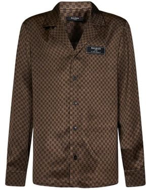 Balmain Monogram-Print Satin Shirt - Brown