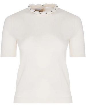 Valentino Embellished Scalloped Virgin Wool Blouse - White