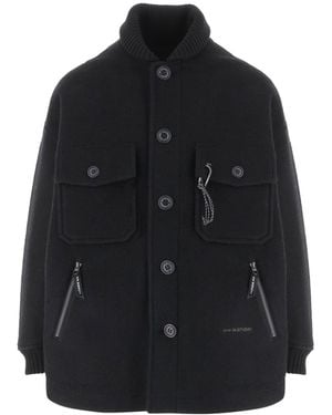 and wander Ribbed-Knit-Collar Button-Up Coat - Black