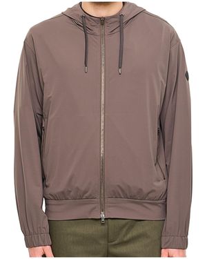 Herno Logo Patch Zip-Up Drawstring Hoodie - Brown