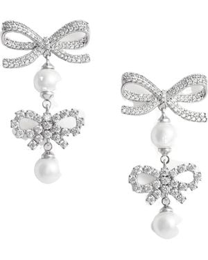 Self-Portrait Double Bow Pearl Earrings - White