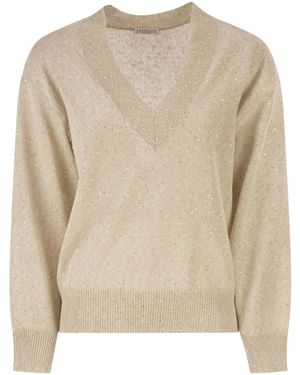 Brunello Cucinelli V-Neck Knitted Jumper - Natural