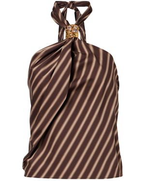 JACQUES WEI Gathered Striped Cotton-Blend Top - Brown