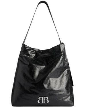 Balenciaga Logo Plaque Large Shoulder Bag - Black