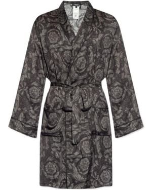 Versace Barocco-Printed Long-Sleeved Belted Robe - Black