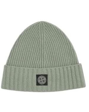 Stone Island Junior Logo Patch Ribbed Beanie - Green