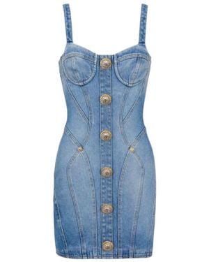 Balmain Button-Embellished Denim Minidress - Blue