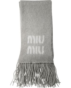Miu Miu Logo-Detailed Fringed Scarf - Gray