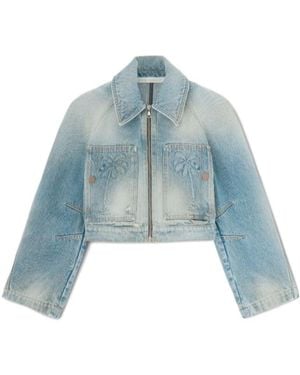 Palm Angels Palm Pattern Cropped Denim Jacket - Blue