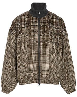 Brunello Cucinelli Padded Houndstooth Alpaca-Blend Bomber Jacket - Brown