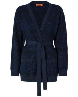 Missoni Zigzag-Knit Belted Cardigan - Blue