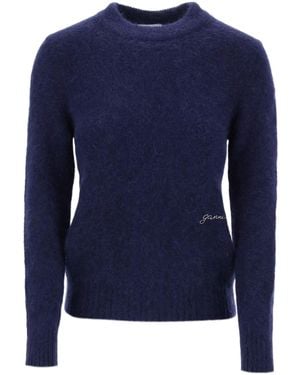 Ganni Logo Embroidered Crewneck Knitted Jumper - Blue