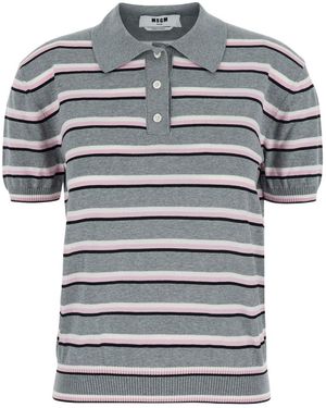 MSGM Polo Shirt With Ribbed Details And All-Over Striped Motif In - Gray
