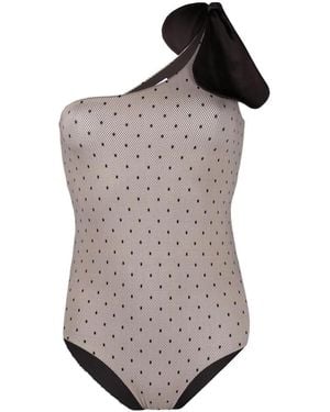 RED Valentino One-Shoulder Polka-Dot Swimsuit - Grey