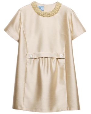 Prada Embroidered Double Shantung Dress - Natural