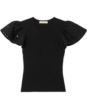 Ulla Johnson Edith Embroidered Ruffled Ribbed-Knit Top - Black