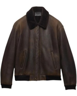 Prada Collared Long-Sleeved Leather Jacket - Black