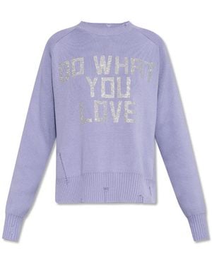 Golden Goose Pastel Lilac Round-Neck Journey Collection Pullover With Distressed Finish And-Colored Lettering - Purple