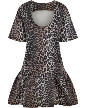 Ganni Print Ruffled-Hem Mini Dress - Black