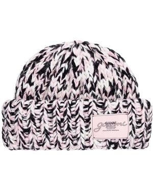 Ganni Chunky Knit Logo Patch Beanie - White