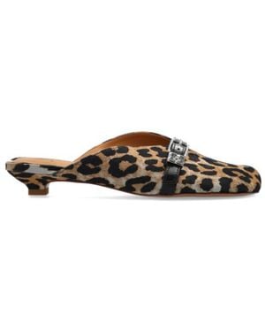 Ganni Buckle Leopard-Print Mules - Brown