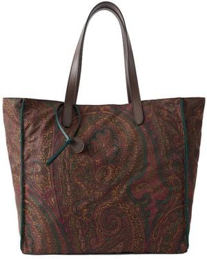 Etro Printed Leather-Trimmed Shell Tote Bag - Brown