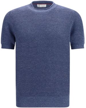 Brunello Cucinelli Linen And Cotton Half English Rib Knit T-Shirt - Blue