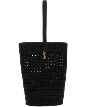 Saint Laurent Logo Plaque Woven Bucket Bag - Black