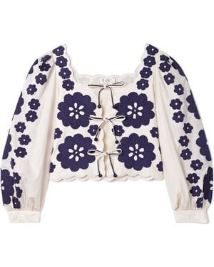 Sea Catrine Tie-Front Scalloped Appliquéd Cotton-Voile Blouse - Blue