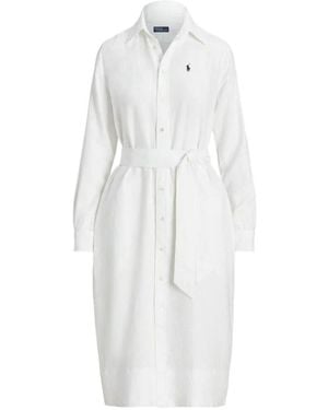 Polo Ralph Lauren Pony Embroidered Tied-Waist Midi Shirt Dress - White
