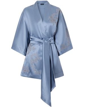 Carine Gilson Lace-Embroidered Silk-Satin Robe - Blue