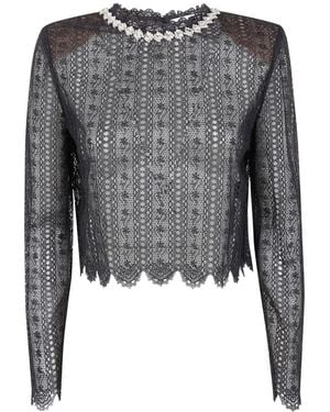 Self-Portrait Embellished Trim Lace Blouse - Grey