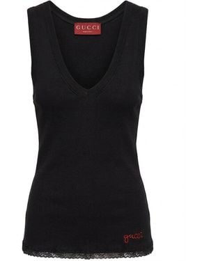 Gucci Cotton Rib Tank Top With Embroidery - Black