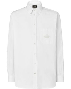 Fendi Logo Embroidered Collared Long-Sleeve Shirt - White
