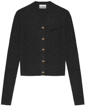 Ganni V-Neck Logo Embroidered Cardigan - Black